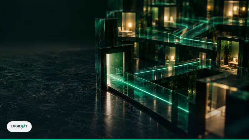 Glowing emerald light thread running through a dark glass architectural model, a metaphor for links leading out of Google AI Overviews to websites