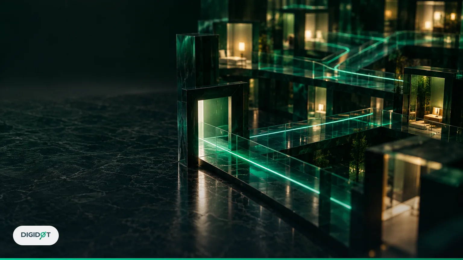 Glowing emerald light thread running through a dark glass architectural model, a metaphor for links leading out of Google AI Overviews to websites