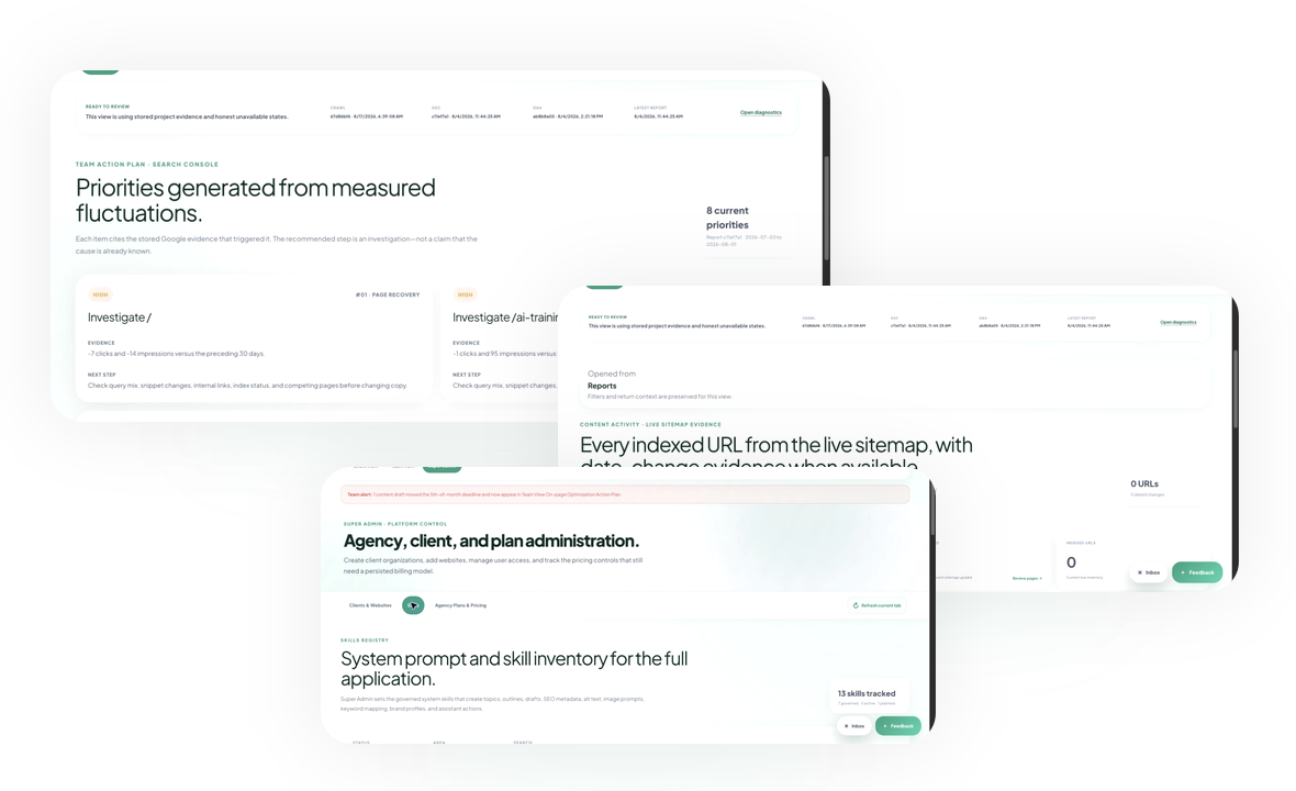 Organic Intelligence team action, activity, and skill governance screens