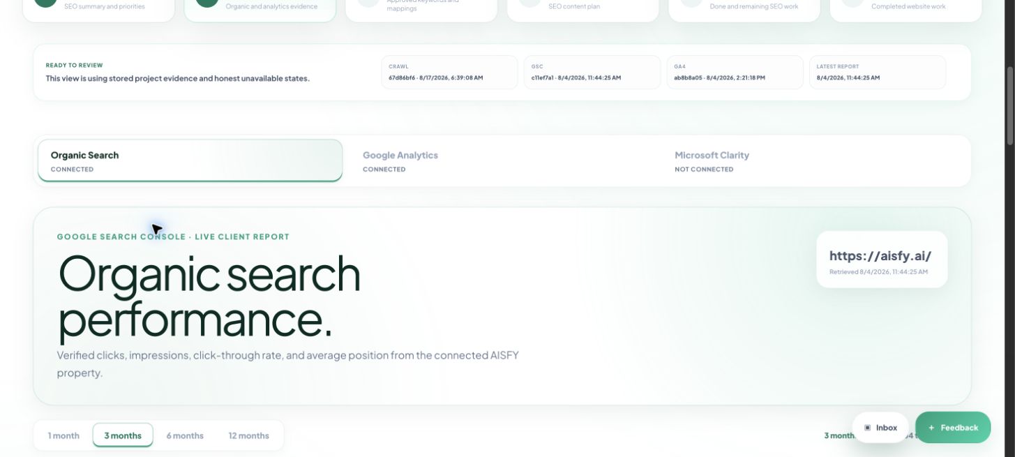 Organic Intelligence organic search performance screen with connected source status