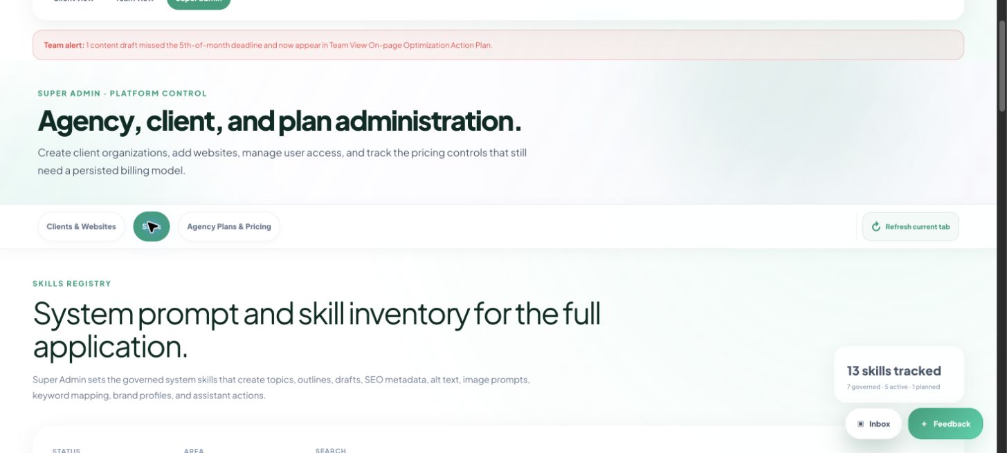 Organic Intelligence skills registry showing system prompt and skill inventory